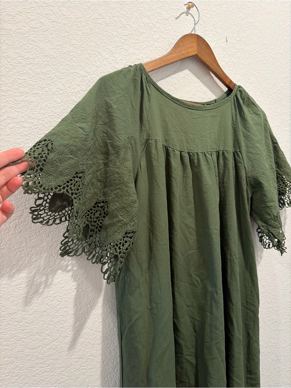 Anthropologie Kindred olive green lace eyelet crochet cotton midi dress